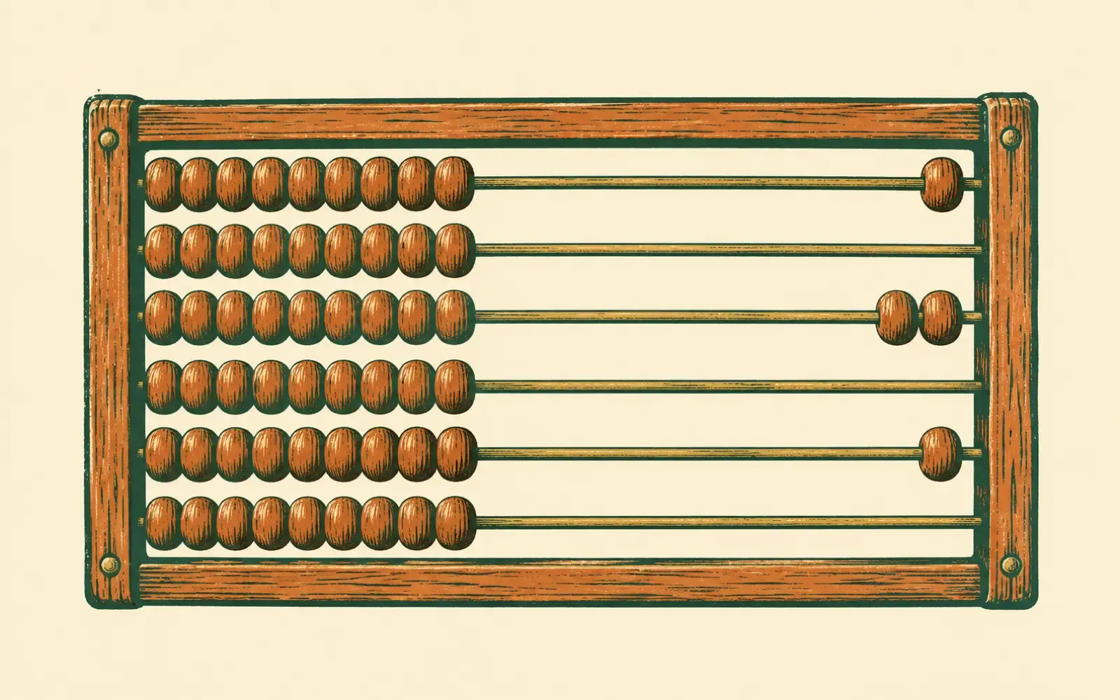 A woodcut of a wooden counting frame with most of its beads pushed to the left on every row and a lone bead or two left behind on the right.