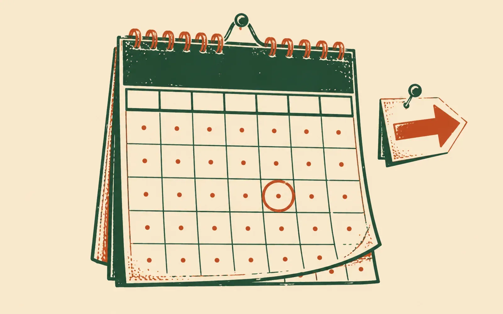 A woodcut of a spiral-bound wall calendar hanging from a hook, its squares each marked with a dot and one square ringed, beside a small pinned card carrying an arrow that points on.