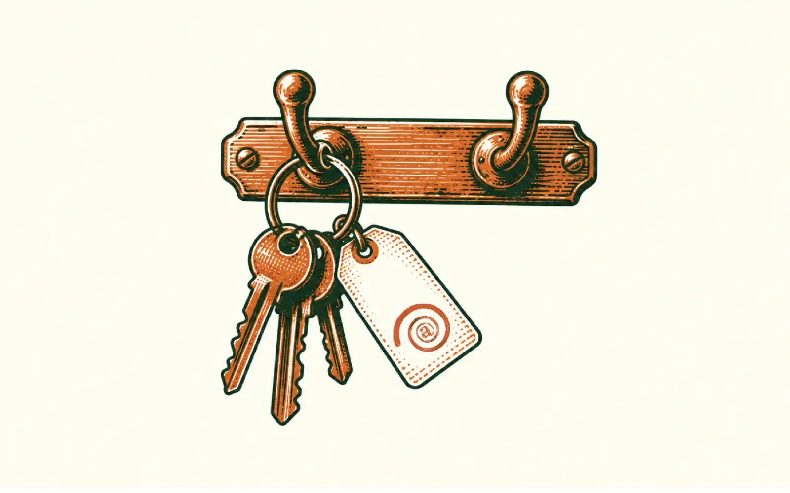 A woodcut of a set of keys and a paper tag hanging from one hook on a wall-mounted rail of two hooks.