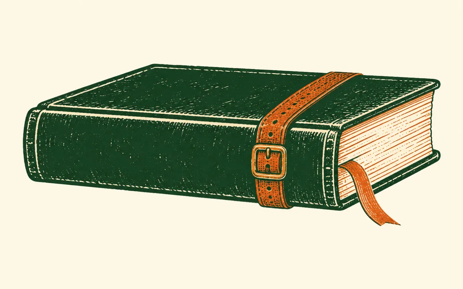 A woodcut of a thick closed book with a leather strap and buckle around it and a ribbon marker trailing from the pages.