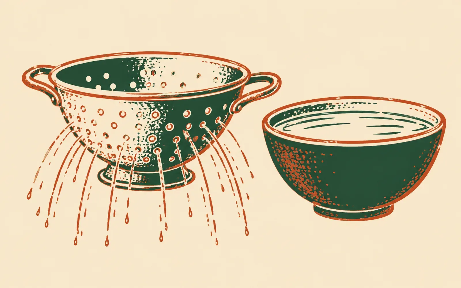 A woodcut of a tin colander with water streaming out through its holes in fine lines, and beside it a solid stoneware bowl full of still water.