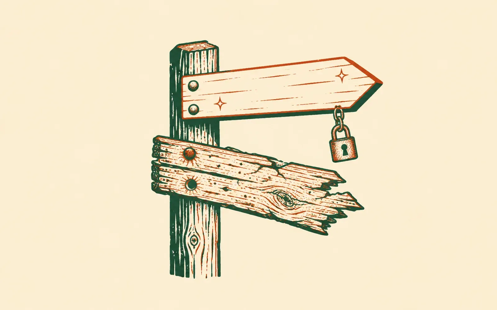 A woodcut of a wooden fingerpost with two arms pointing right: the upper arm clean and new with small carved glints and a padlock hanging from it on a short chain, and the lower arm old and sagging, split, wormholed and splintered at its broken tip.