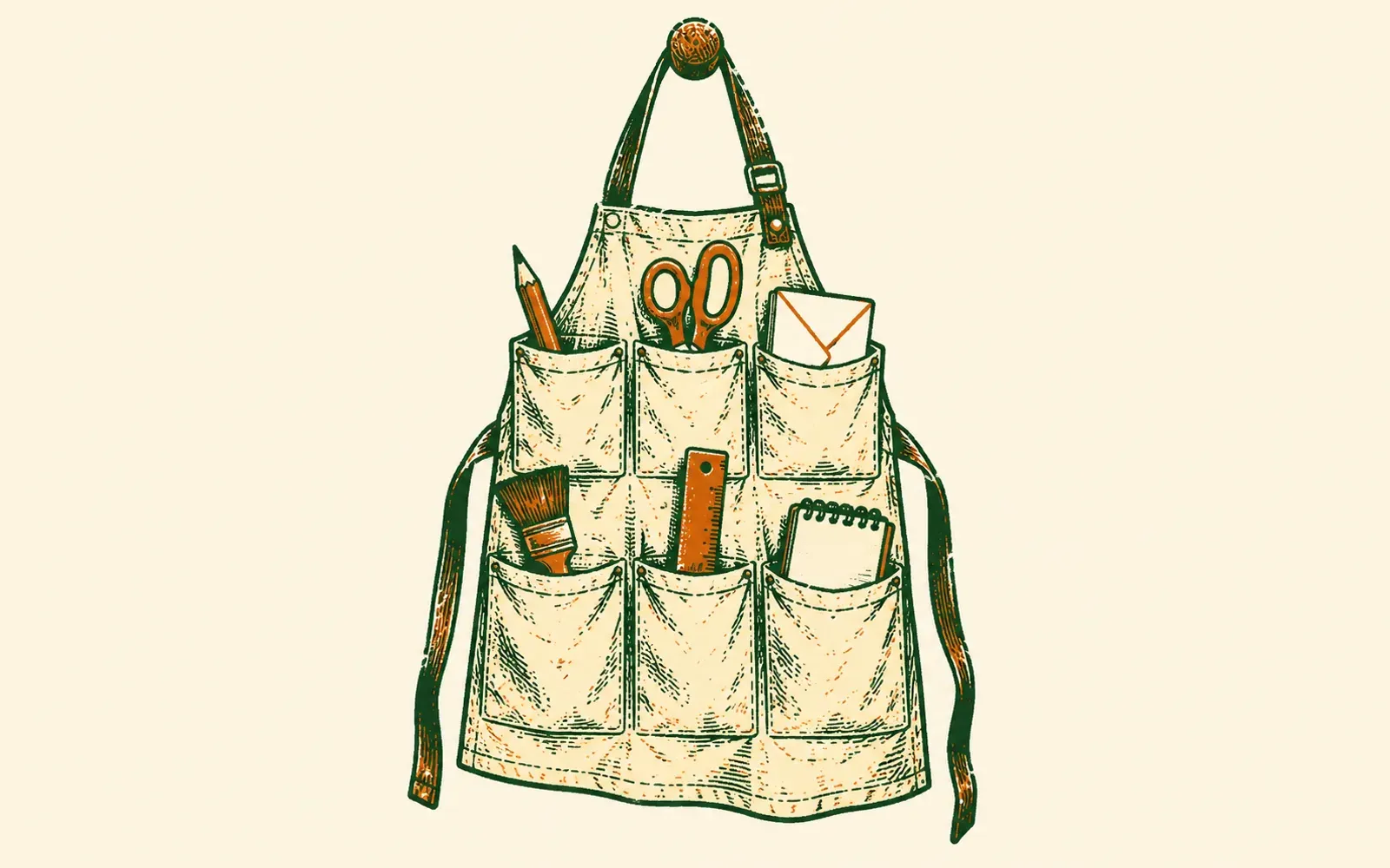A woodcut of a maker's apron hanging on a peg, six pockets each holding a different tool: a pencil, scissors, an envelope, a brush, a ruler and a notebook.