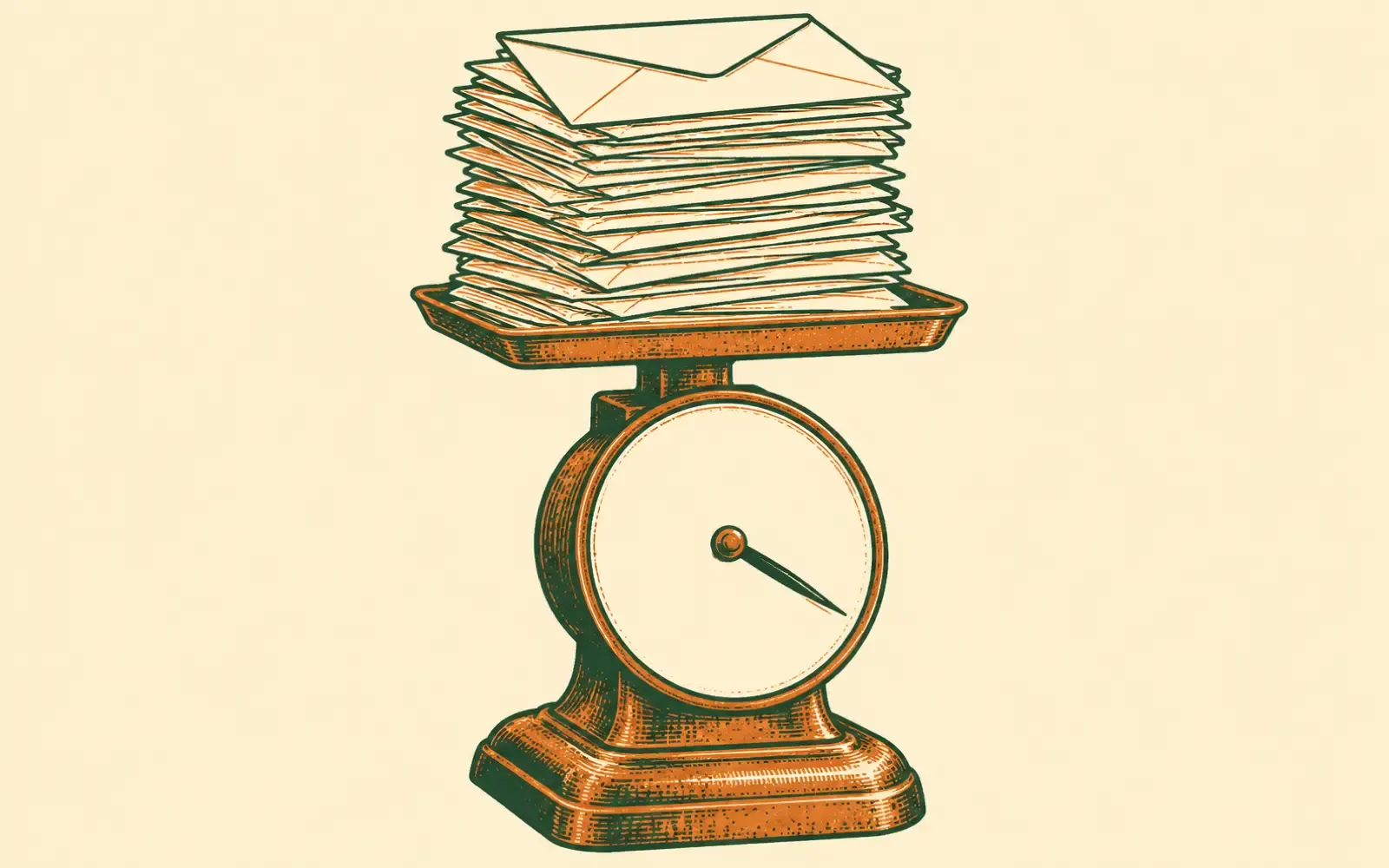 A woodcut of a tall stack of envelopes piled on a set of kitchen scales, the needle swung round.