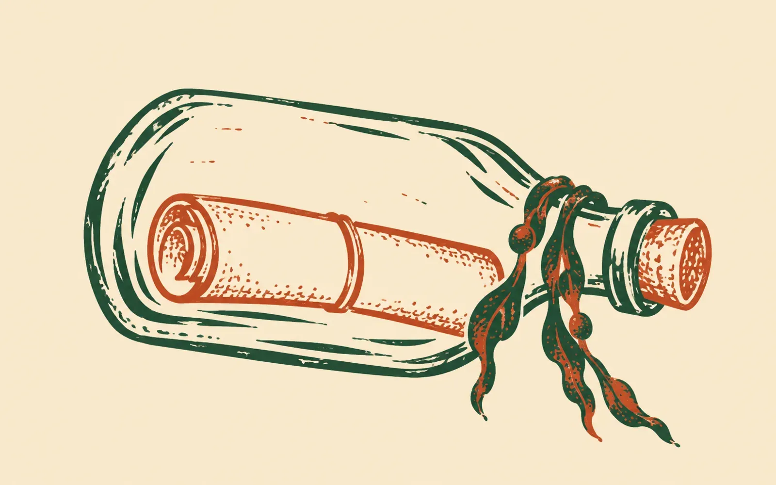 A woodcut of a corked glass bottle lying on its side, a rolled note inside it and strands of seaweed caught round its neck.