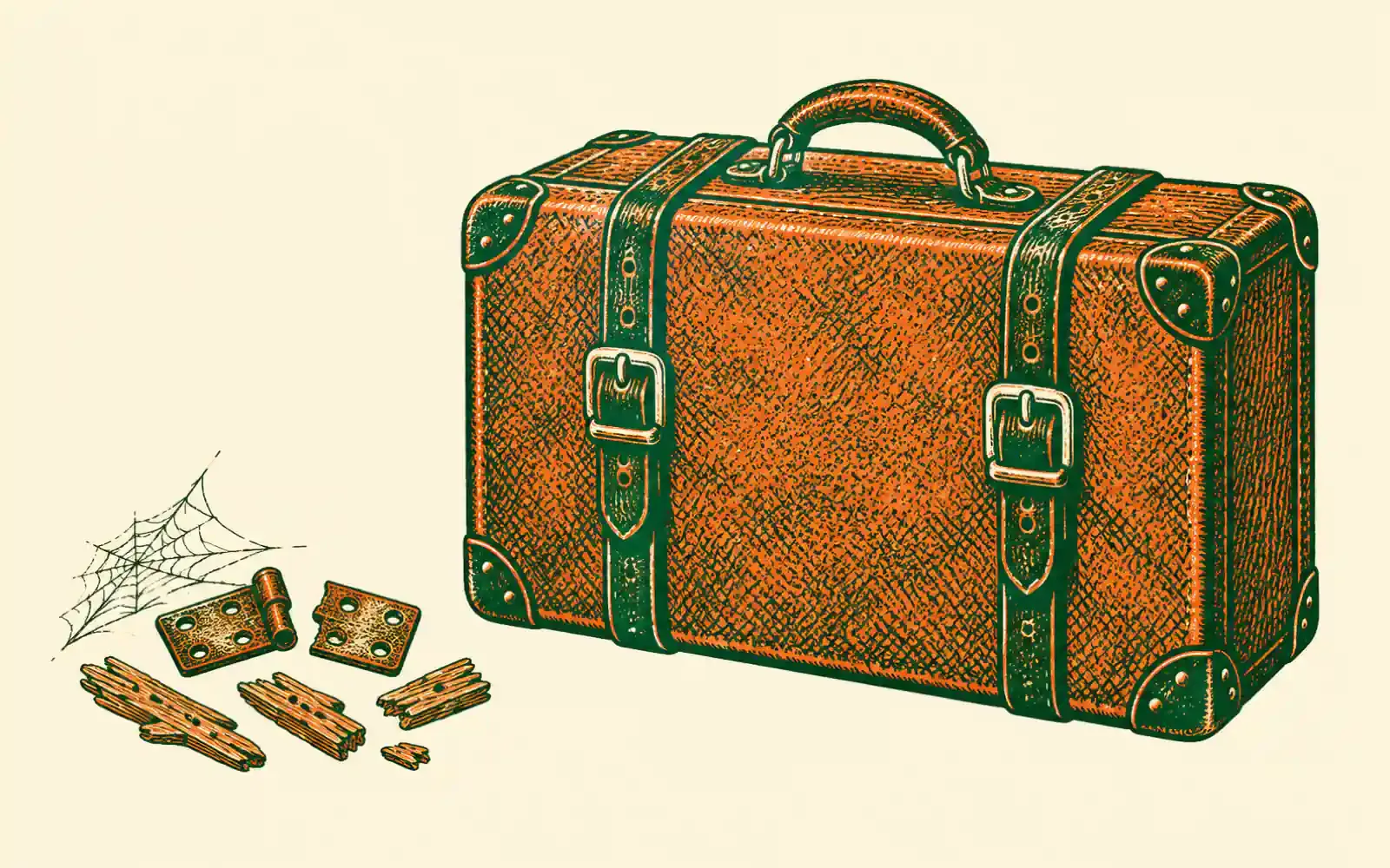 A woodcut of a packed leather suitcase with both straps buckled, and left behind beside it a cobweb, a rusted hinge and a few broken slats of wood.