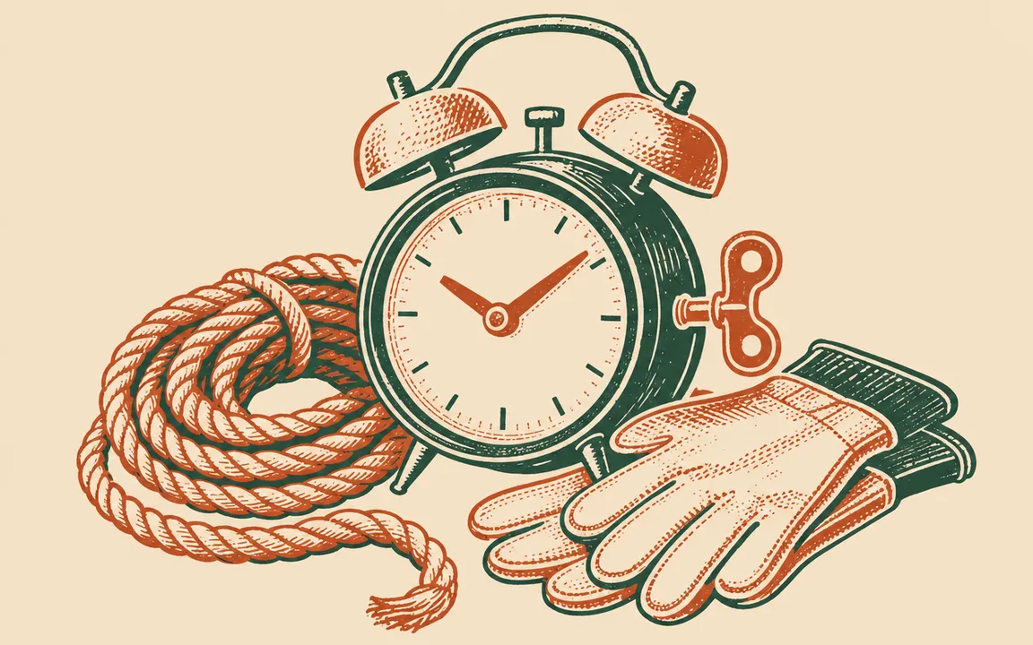 An alarm clock with twin bells on top and a winding key on its side sits between a coiled rope on the left and a pair of work gloves on the right.