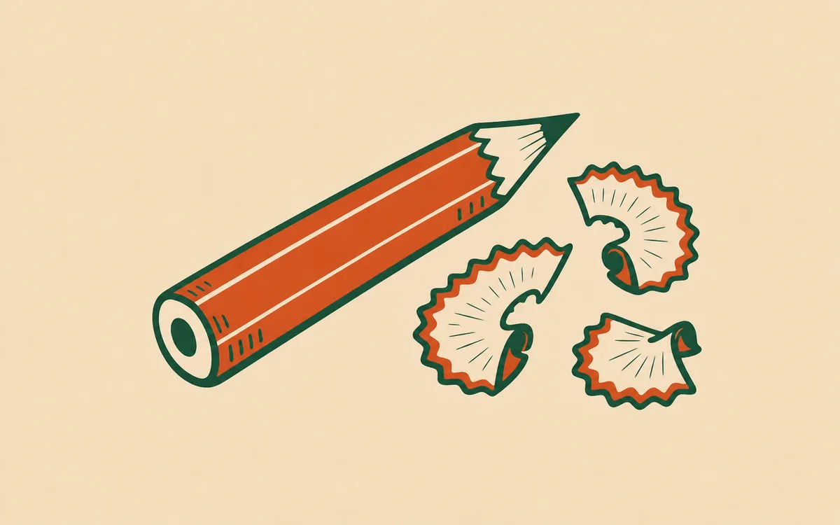 A sharpened red pencil with three curled shavings beside its tip