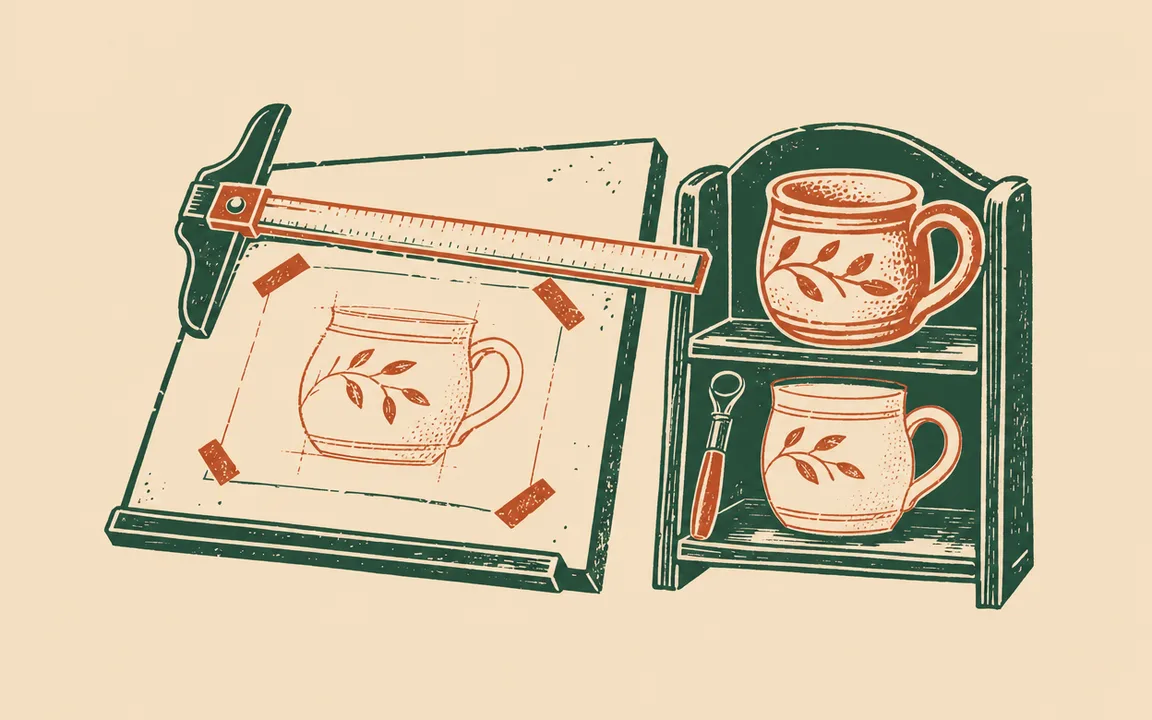 A drawing board with a T-square and sketch of a leafed mug sits beside a small shelf holding a finished mug and a brush, showing design concept and final product side by side.