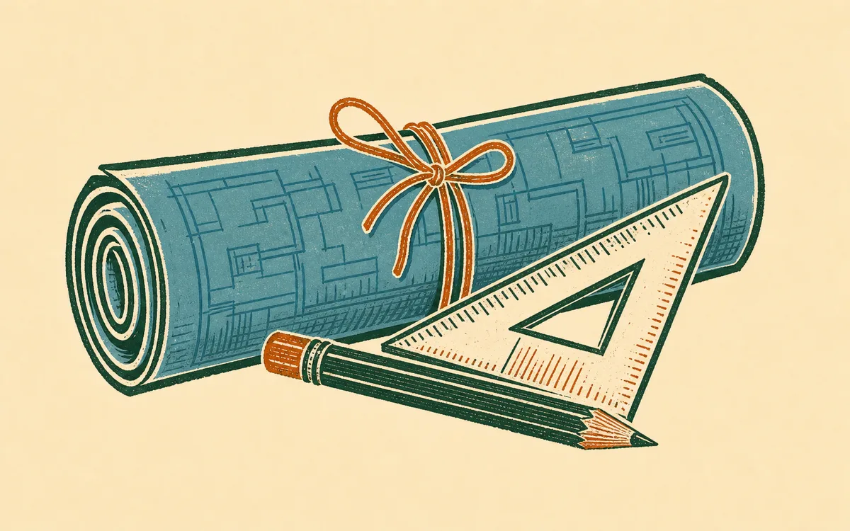 A rolled blueprint tied with string, a set square and pencil lying across it