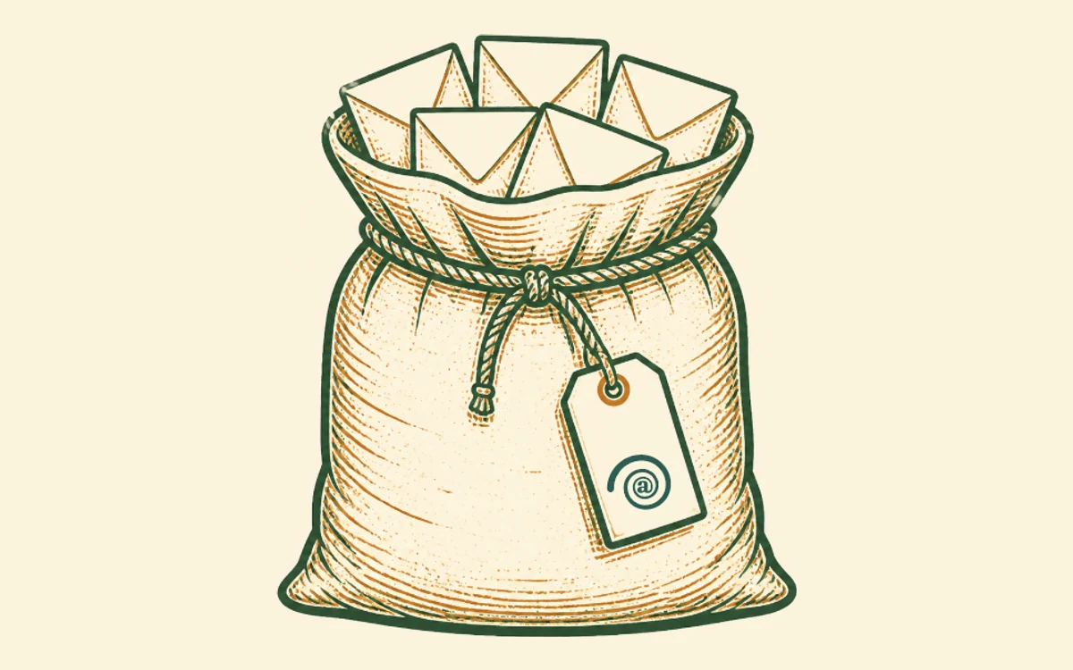 A canvas mail sack standing upright, its neck gathered by a braided drawcord and heaped over with folded letters, a blank luggage tag hanging from the cord