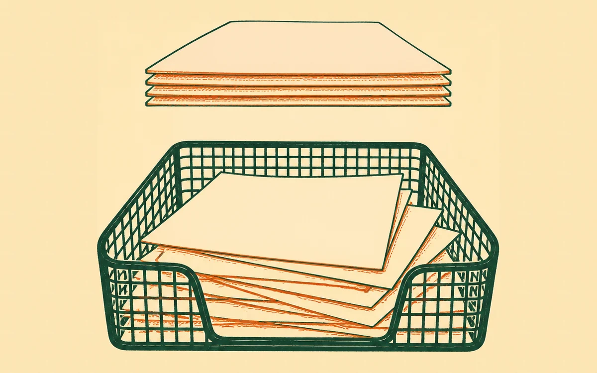 A wire mesh desk tray holding a loose pile of papers, with a squared-off stack of sheets lifted clear in the air above it