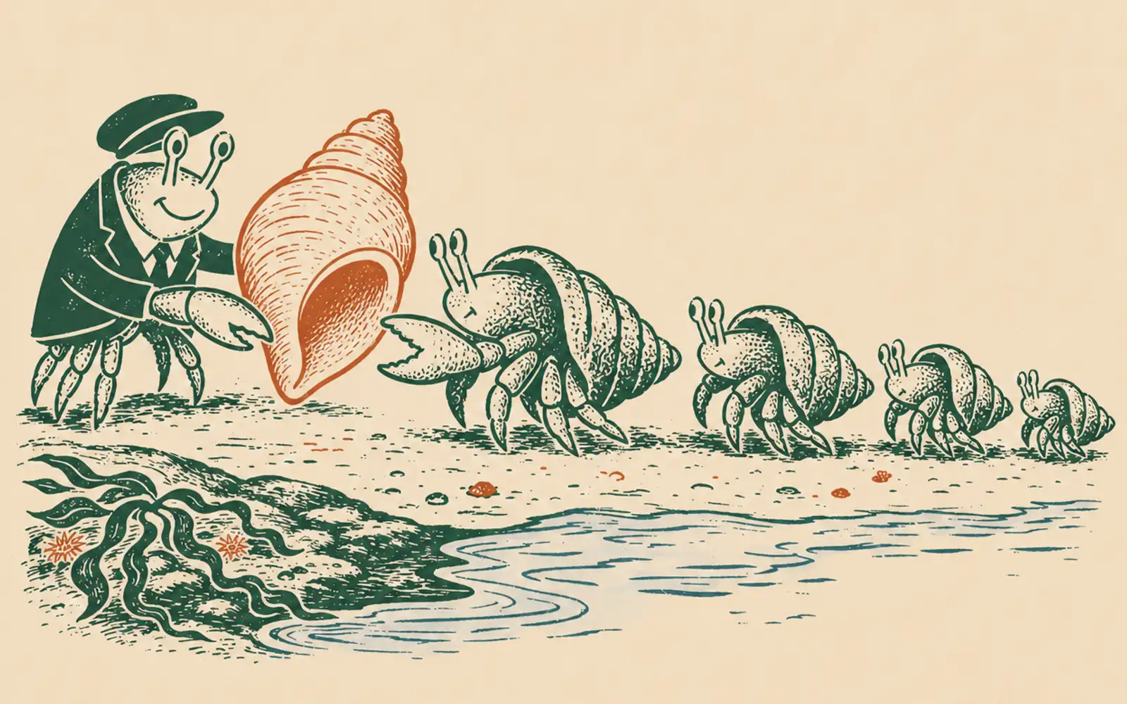 Bernard in his flat cap hands a large whelk shell to the first of a queue of hermit crabs on the sand at the edge of a rockpool, each crab behind eyeing the shell of the one in front
