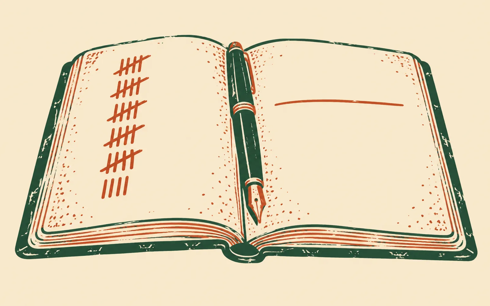 A woodcut of an open ledger, a column of tally marks in fives down the left page, a single ruled line on the right, and a fountain pen resting in the fold.
