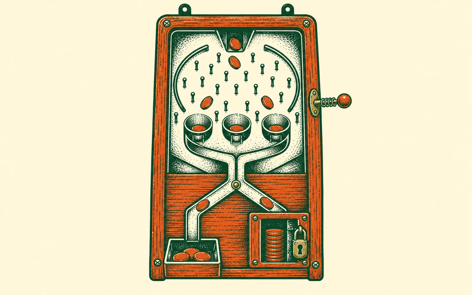 A woodcut of a coin-drop machine: coins tumble through a field of pins into three funnels, then a chute splits them, a few landing in a small open tray at the front and the tall stack behind a locked door.