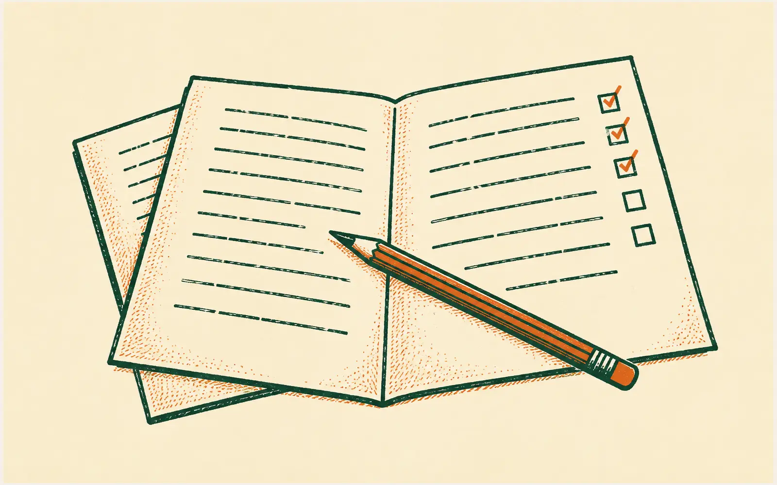 A woodcut of an open proposal with a margin checklist, three items ticked and two left blank, with a pencil resting across the pages.