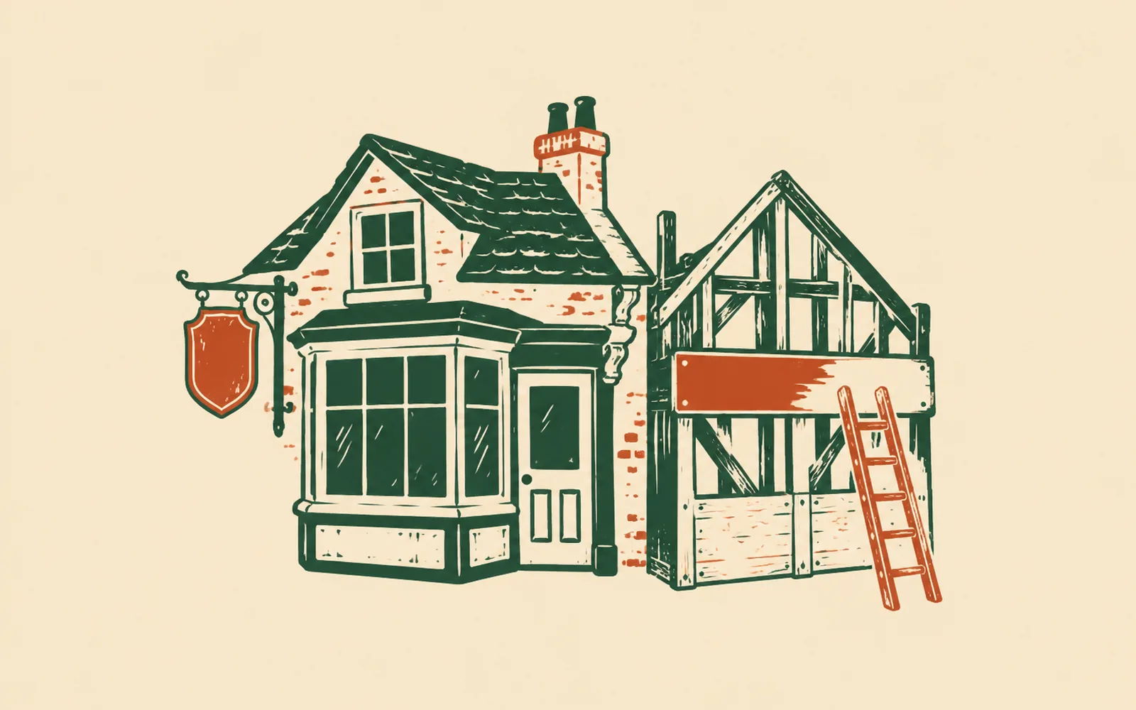 A woodcut of a brick shop with a bay window and a hanging sign, and next door a second shop going up in timber, a ladder leaning against its half-painted sign.