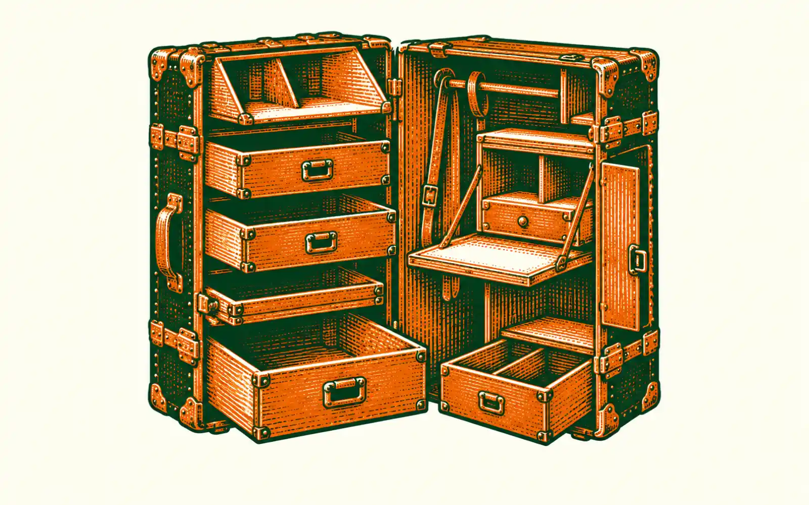 A woodcut of a steamer trunk standing open, packed with drawers, shelves and a fold-down writing desk.