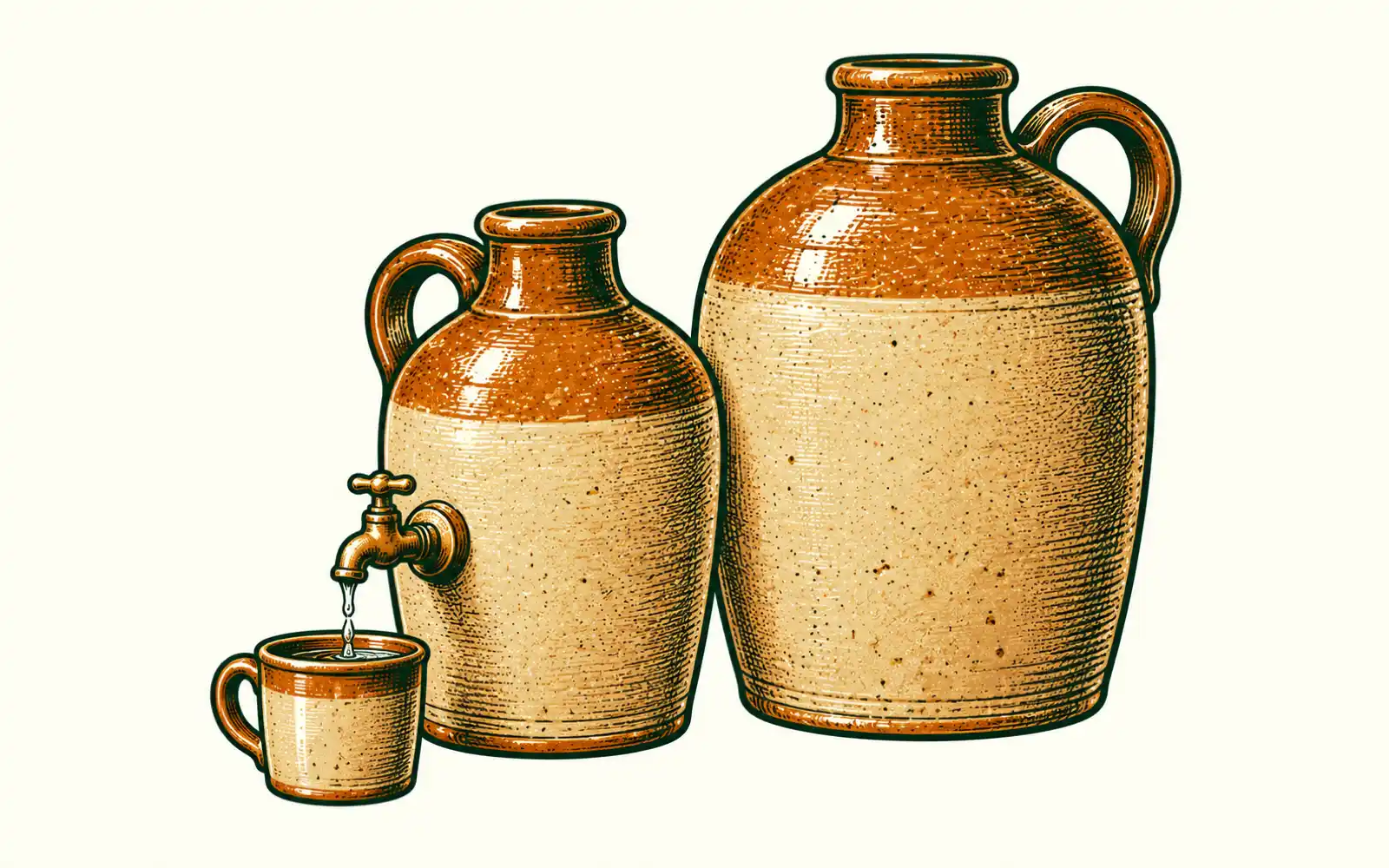 A woodcut of two stoneware flagons, the smaller one with a brass tap pouring into a little cup.