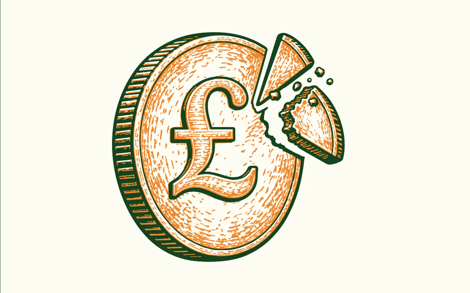 A pound coin with a wedge broken out of it, the fragment lying beside it with crumbs between the two pieces.