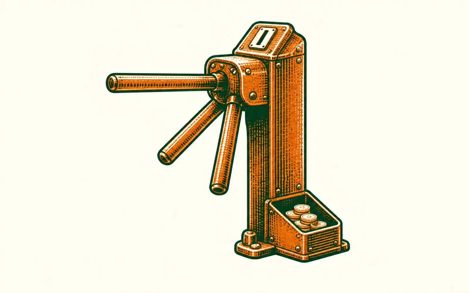 A woodcut of a turnstile with a coin slot on top and a tray of coins at its base.