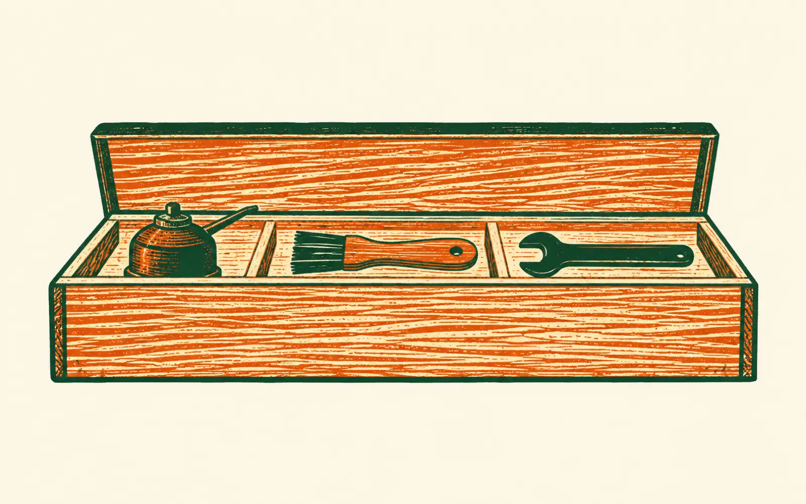 A woodcut of a long wooden toolbox with its lid open, an oil can, a brush and a spanner each lying in their own compartment.