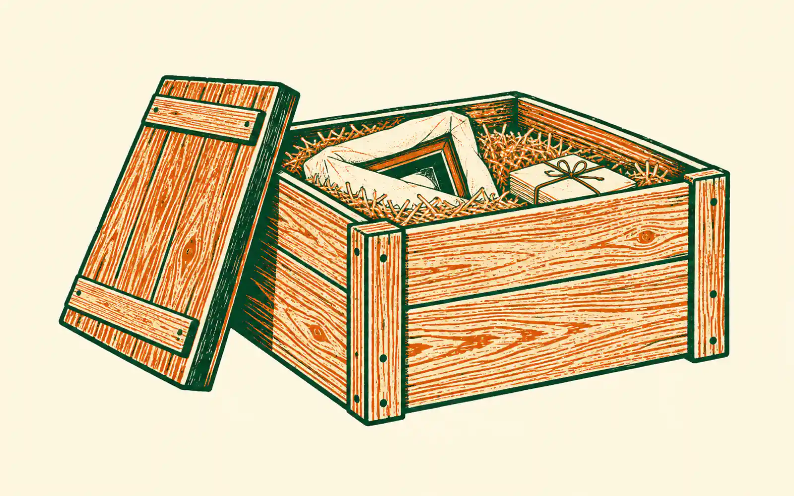 A woodcut of a wooden packing crate with the lid leant against its side, a wrapped picture frame and a tied parcel bedded in straw inside.