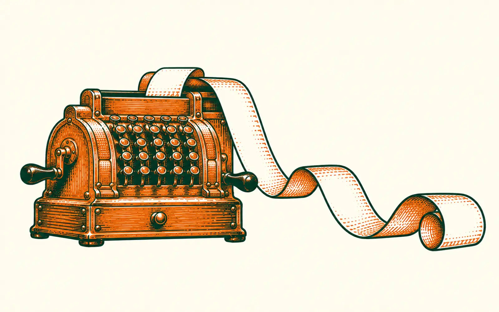 A woodcut of an old cash register with a long paper receipt curling out of it and across the floor.
